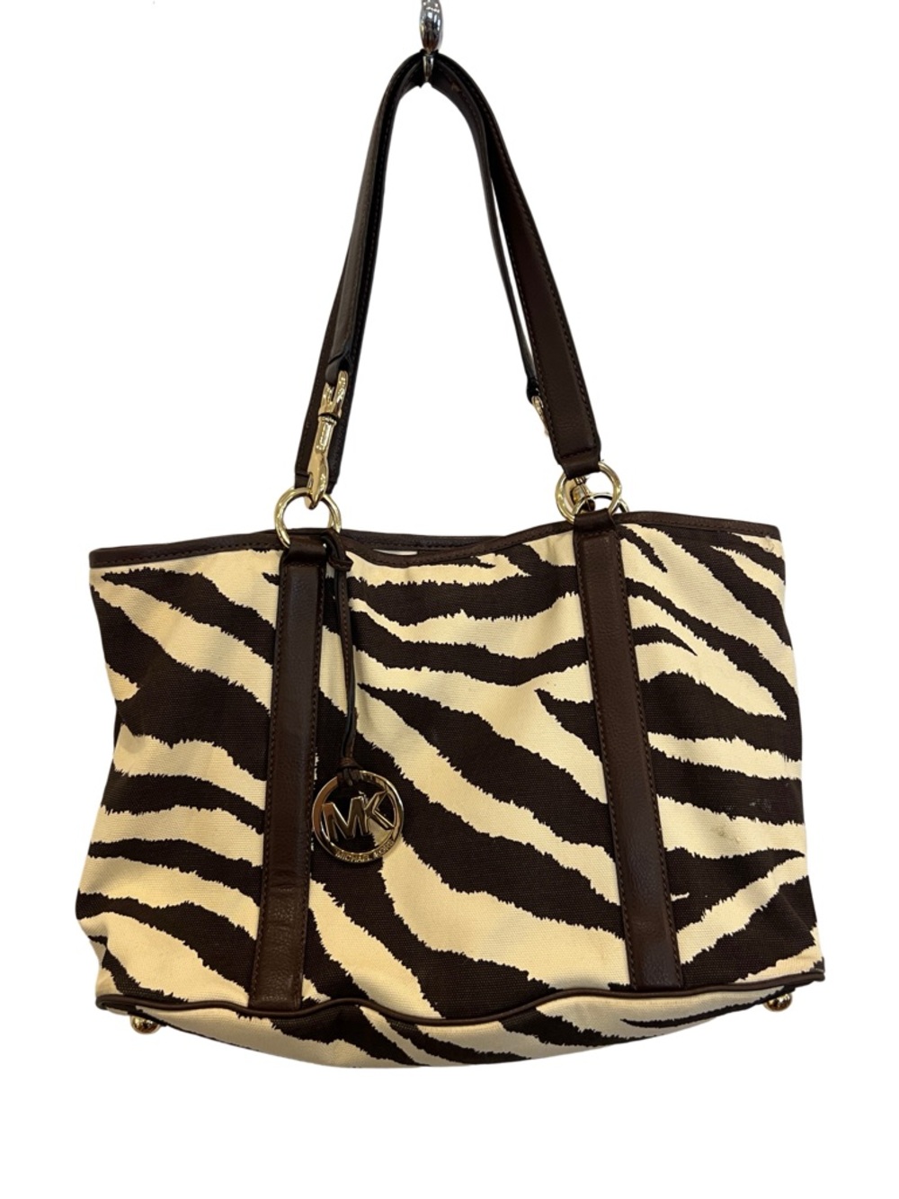 Michael Kors Zebra-Print Brown & Cream Cloth Fabric Tote with MK Charm